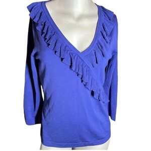 August Silk Royal Blue Criss-Cross Ruffle Wrap Silk 3/4 Sleeves Sweater Sz M NWT